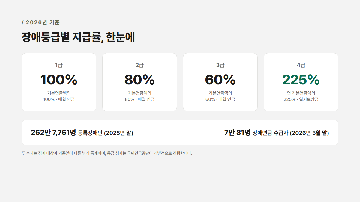 국민연금 장애연금 등급별 지급률 요약 — 1급 기본연금액 100%, 2급 80%, 3급 60%, 4급 225% 일시보상금, 등록장애인 262만 7,761명과 장애연금 수급자 7만 81명 비교